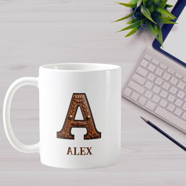 Mug Monogramme initial A en cuir occidental travaillé (Créateur téléchargé)