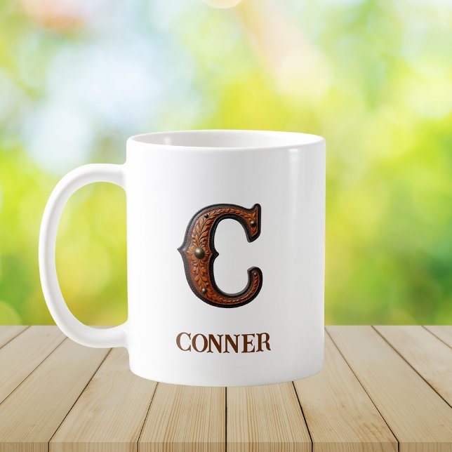 Mug Monogramme Initial Cuir Occidental Travail C (Créateur téléchargé)