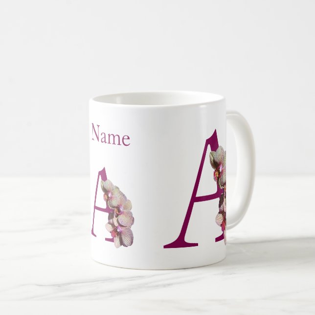 Mug Monogramme Initial Élégant A Orchidée Personnalisé (Devant droit)