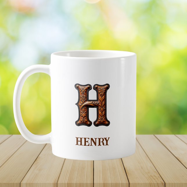 Mug Monogramme initial en cuir occidental travaillé H (Créateur téléchargé)