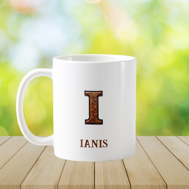 Mug Monogramme initial en cuir occidental travaillé I (Créateur téléchargé)