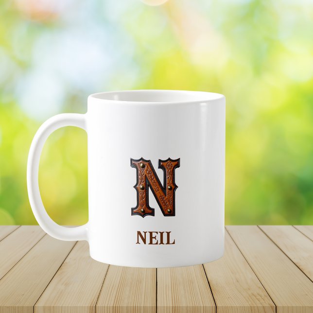 Mug Monogramme initial en cuir occidental travaillé N (Créateur téléchargé)