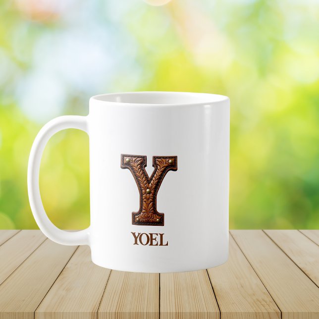 Mug Monogramme initial en cuir occidental travaillé Y (Créateur téléchargé)