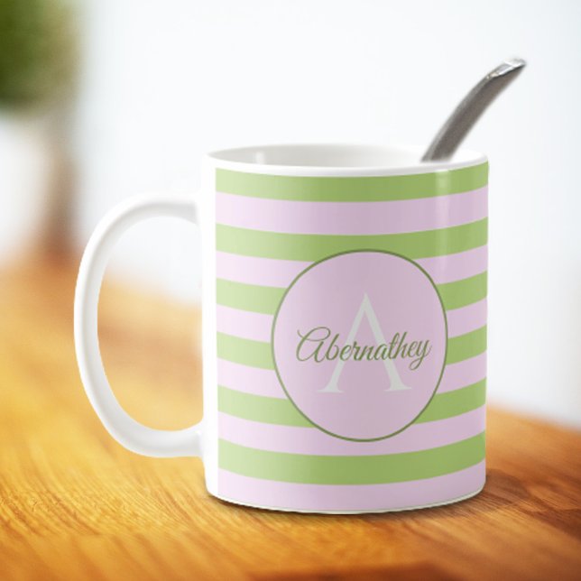 Mug Monogramme initial et nom Pastel Rose Vert rayé (Créateur téléchargé)