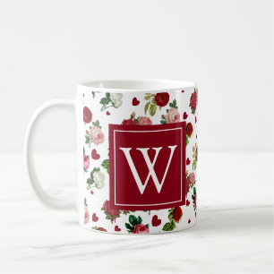 Mug Monogramme Initial Fleurs Roses Cœurs