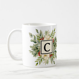Mug Monogramme initial floral classique de Noël