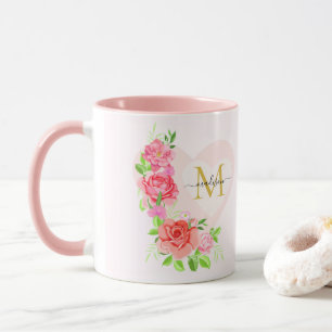 Mug Monogramme Initial Floral Rose Aquarelle Rose