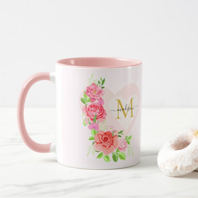 Mug Monogramme Initial Floral Rose Aquarelle Rose (Avec donut)