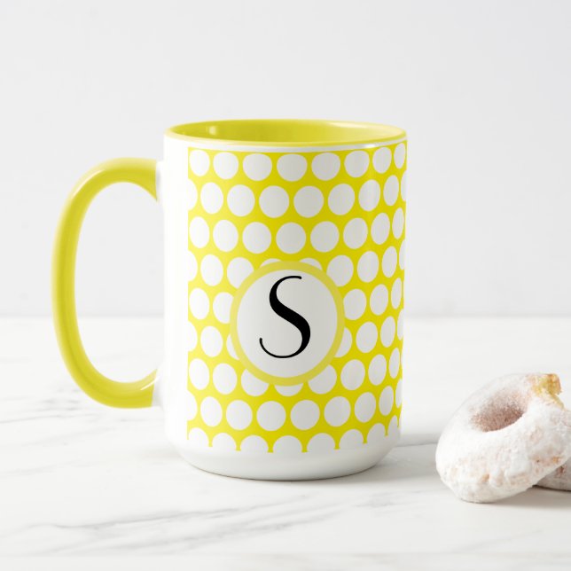 Mug Monogramme Initial Jaune Clair Points Blancs (Avec donut)