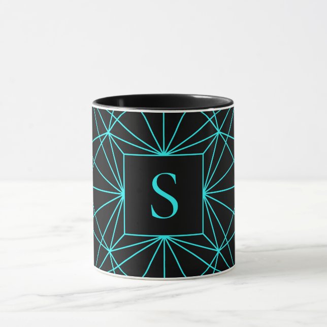 Mug Monogramme Initial | Motif Géométrique Turquoise (Centre)