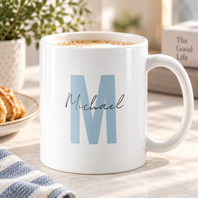 Mug Monogramme Initial Nom Personnalisé Bleu Cool (Créateur téléchargé)