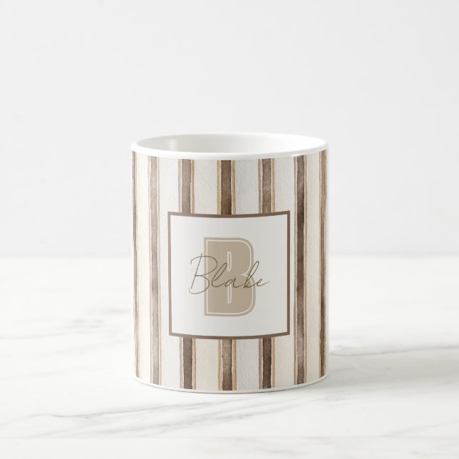 Mug Monogramme Initial Nom Rayures Marron Crème (Centre)