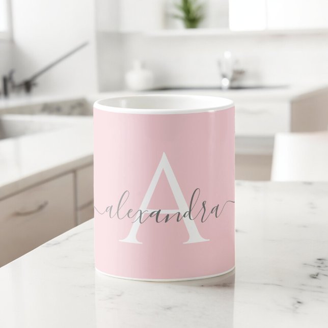 Mug Monogramme Initial Nom Rose Blanc Écriture Élégant (Créateur téléchargé)