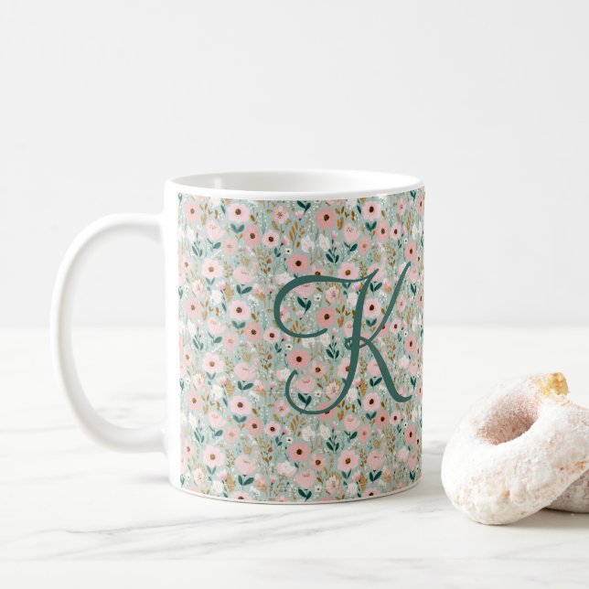 Mug Monogramme Initial Rose Vert Floral Aquarelle  (Avec donut)