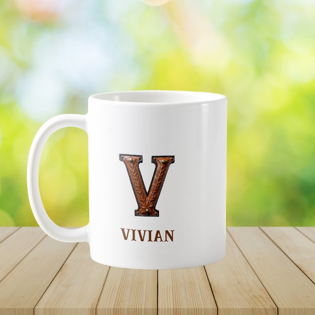 Mug Monogramme initial V en cuir occidental tooled (Créateur téléchargé)
