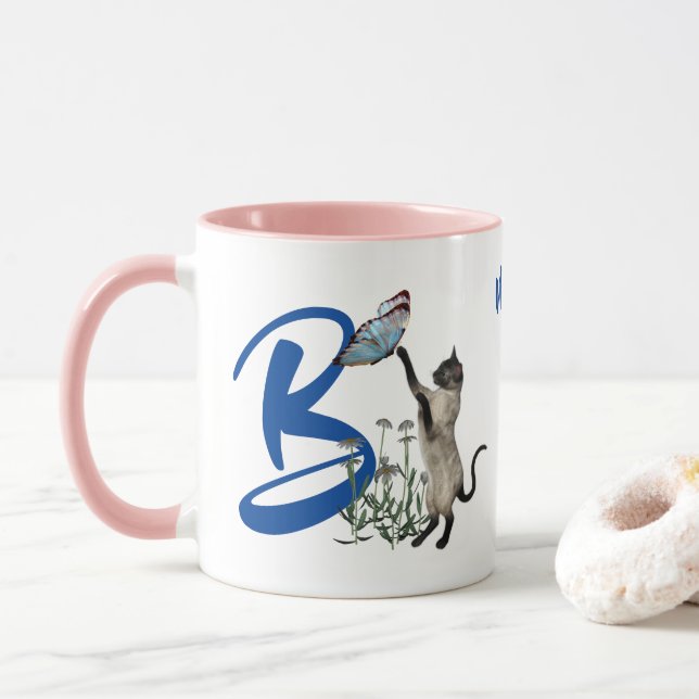 Mug Monogramme Initiale B Chat Siamois Personnalisé (Avec donut)