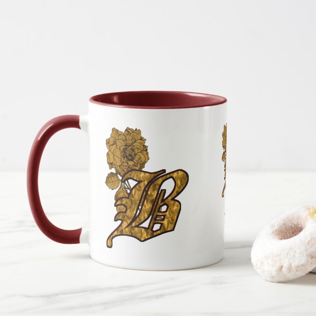 Mug Monogramme Initiale B Élégant Péonie Personnalisé  (Avec donut)