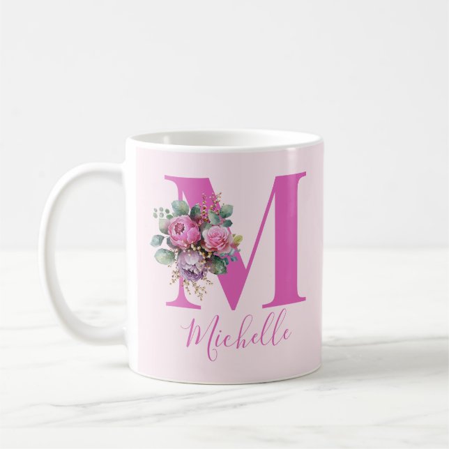 Mug Monogramme initiale de nom floral rose aquarelle (Gauche)