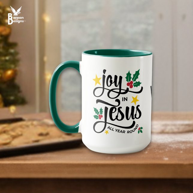Mug Monogramme JOIE EN JÉSUS Noël chrétien  (JOY IN JESUS Christian Christmas mug with customizable monogram. Ideal festive gift for Christians.)