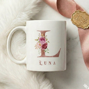 Mug Monogramme L en lettre florale personnalisée en or