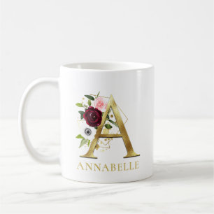 Mug Monogramme Lettre A Or Floral Rose Bourgogne Nom