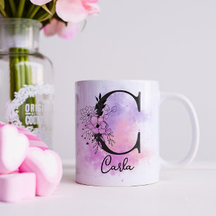 Mug Monogramme Lettre C Noir Floral Rose Violet