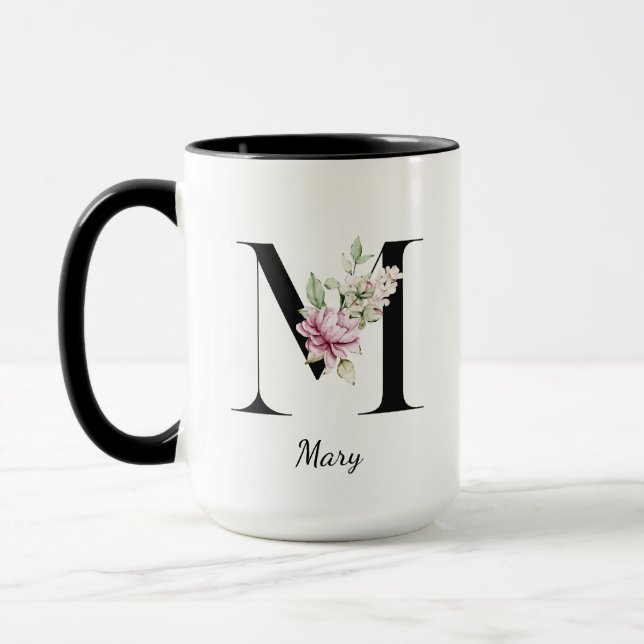 Mug Monogramme, lettre M avec fleurs d'aquarelle (Gauche)