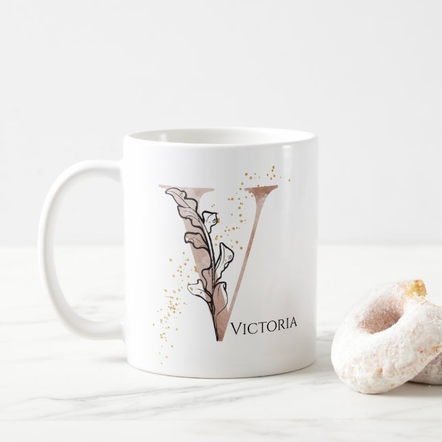 Mug Monogramme Lettre moderne initiale V Boho personna (Avec donut)