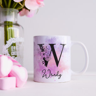 Mug Monogramme Lettre Noir Floral Violet Rose W