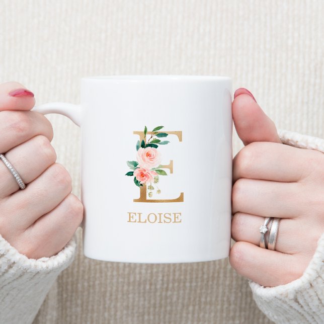 Mug Monogramme Lettre Or E | Floral Rose Blanc Vert (Créateur téléchargé)