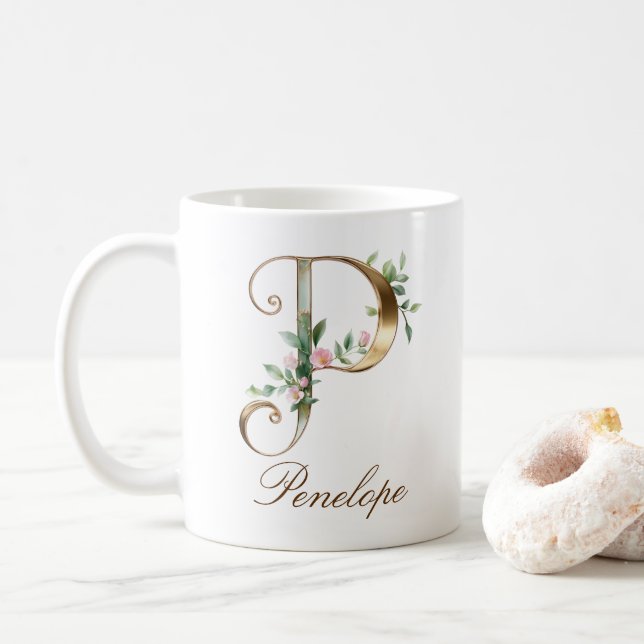Mug Monogramme Lettre P Floral Or Élégant (Avec donut)