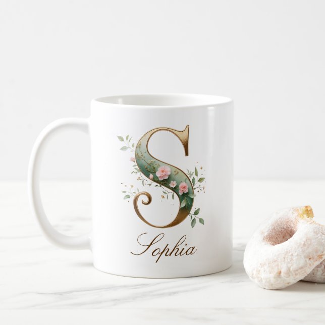 Mug Monogramme Lettre S Floral Or Élégant (Avec donut)