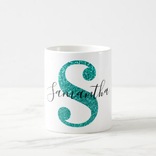 Mug Monogramme Lettre S Pailleté Turquoise Féminin