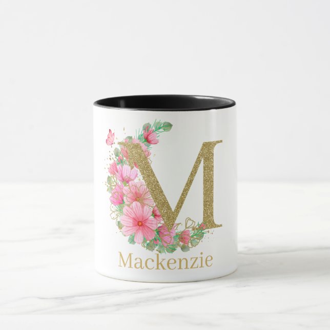 Mug Monogramme M en aquarelle or et floral (Centre)
