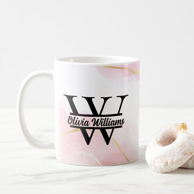 Mug Monogramme Marbre Rose | Paillettes Dorées Moderne (Avec donut)