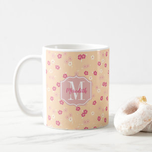 Mug Monogramme Marguerites Corail Rose Floral Vintage