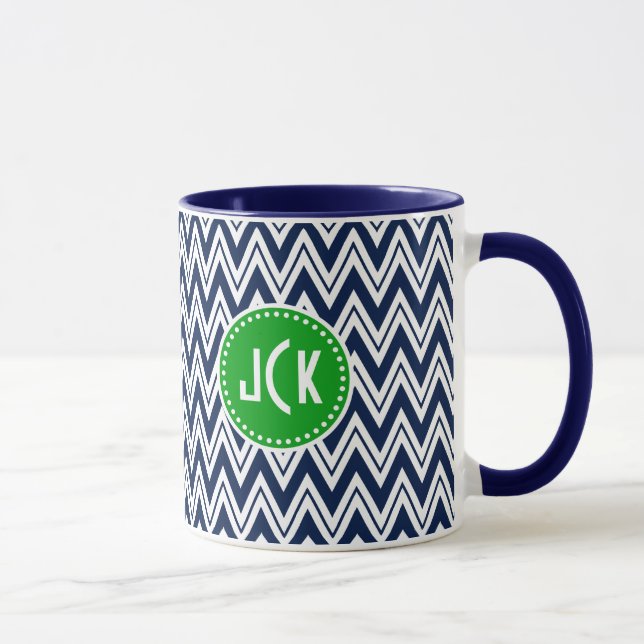 Mug Monogramme Marine Bleu & Blanc Zigzag Chevron (Droite)