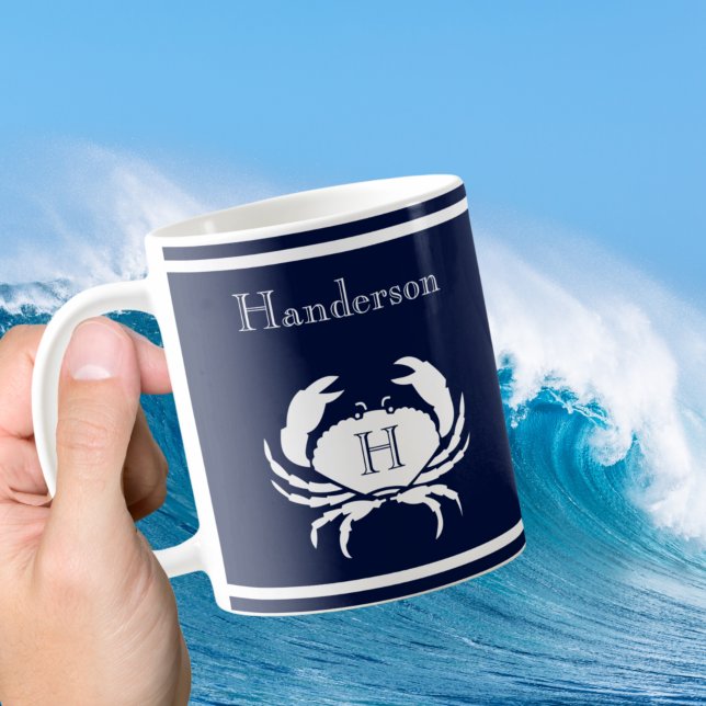 Mug Monogramme Marine Bleu Crabe Blanc Nautique (Créateur téléchargé)