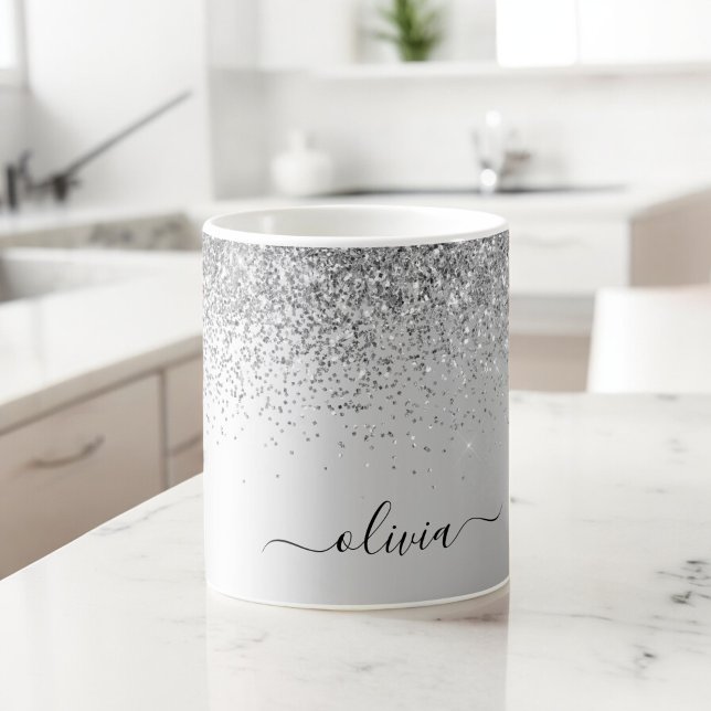 Mug Monogramme Métal Paillettes Argent Nom Glamour (Créateur téléchargé)
