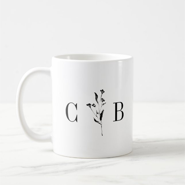Mug Monogramme minimaliste Floral noir Mariage blanc (Gauche)