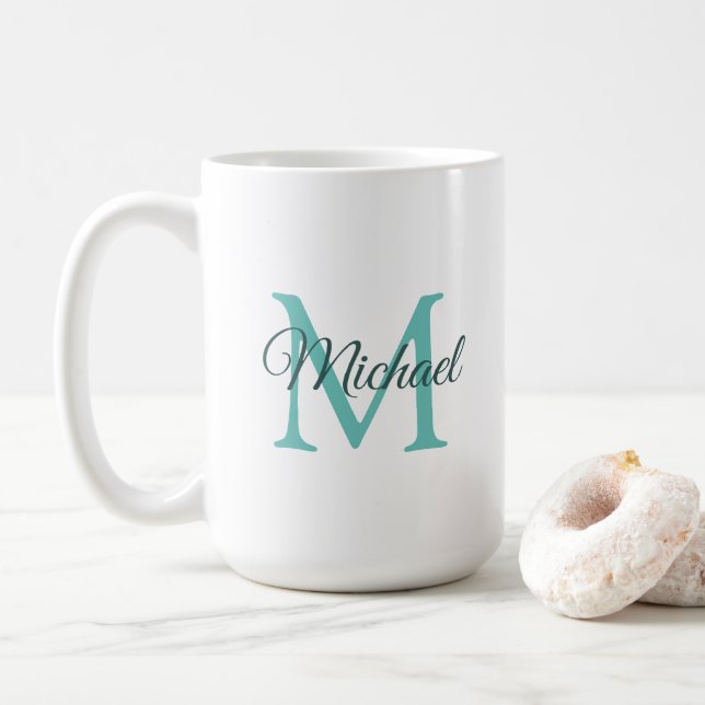 Mug Monogramme Modèle initial clair Turquoise blanc (Avec donut)