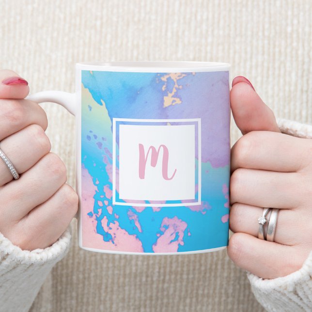 Mug Monogramme moderne aquarelle marbre rose bleu viol (Créateur téléchargé)