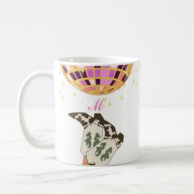 Mug Monogramme Moderne Cowgirl Legs Cowboy Disco Ball (Gauche)