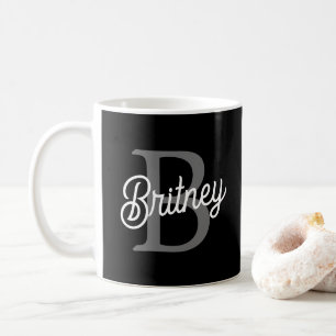 Mug Monogramme moderne élégant Nom noir Gris noir Scri