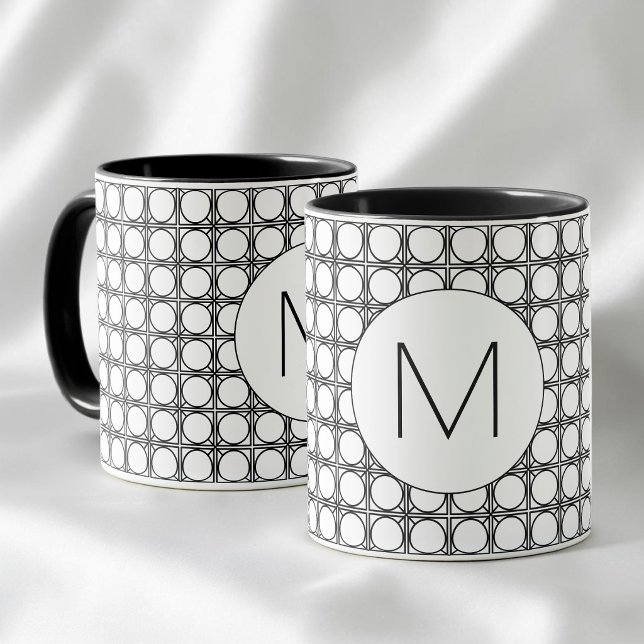 Mug Monogramme Moderne en Rotin Noir et Blanc à Motif (Modern Black and White Rattan Pattern Monogram Mug)
