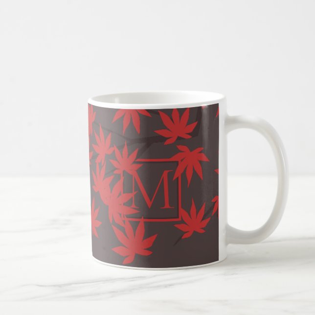 Mug Monogramme Moderne Feuille d'Érable Rouge Grise (Droite)