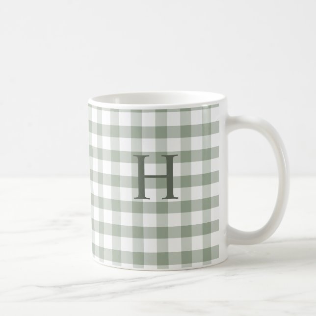 Mug Monogramme Moderne Gingham Vert Olive Sage Personn (Droite)