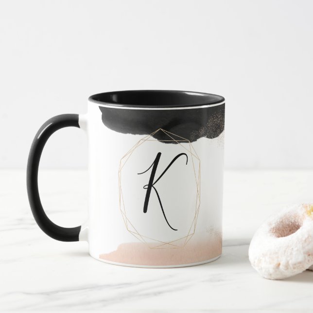 Mug Monogramme moderne noir et or (Avec donut)