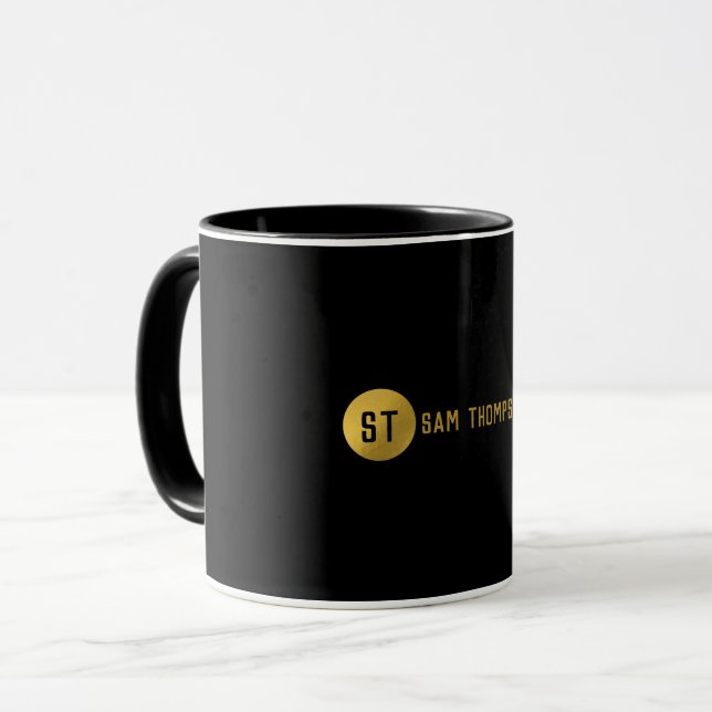 Mug Monogramme moderne noir & or élégant personnalisé (Devant gauche)