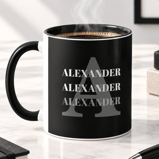 Mug Monogramme Moderne Nom Gris Noir (Créateur téléchargé)